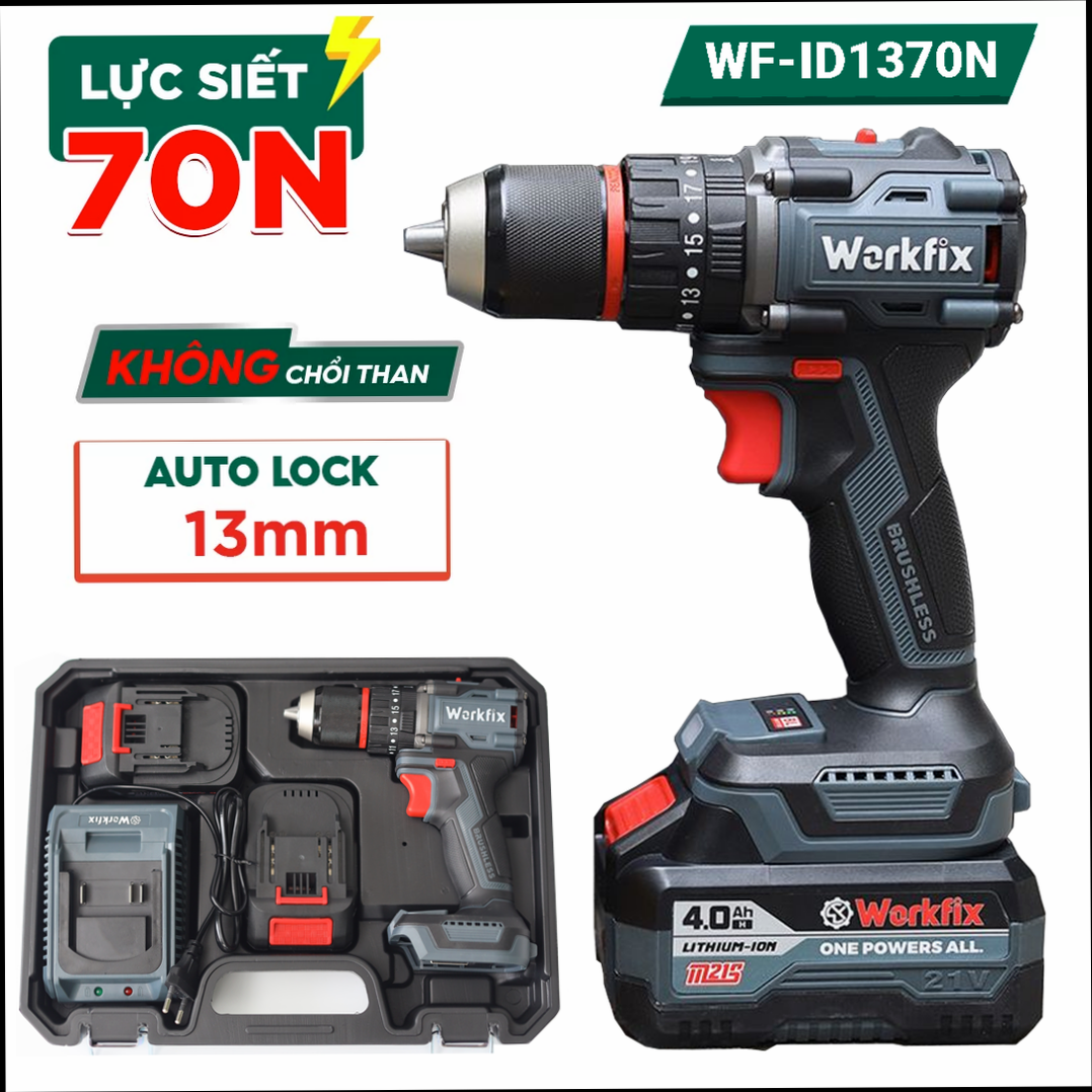 Máy khoan pin 13mm Workfix WF-ID1370N Lực siết 70N.m Autolock Không chổi than, bộ 2 Pin 10Cell ,chân pin phổ thông