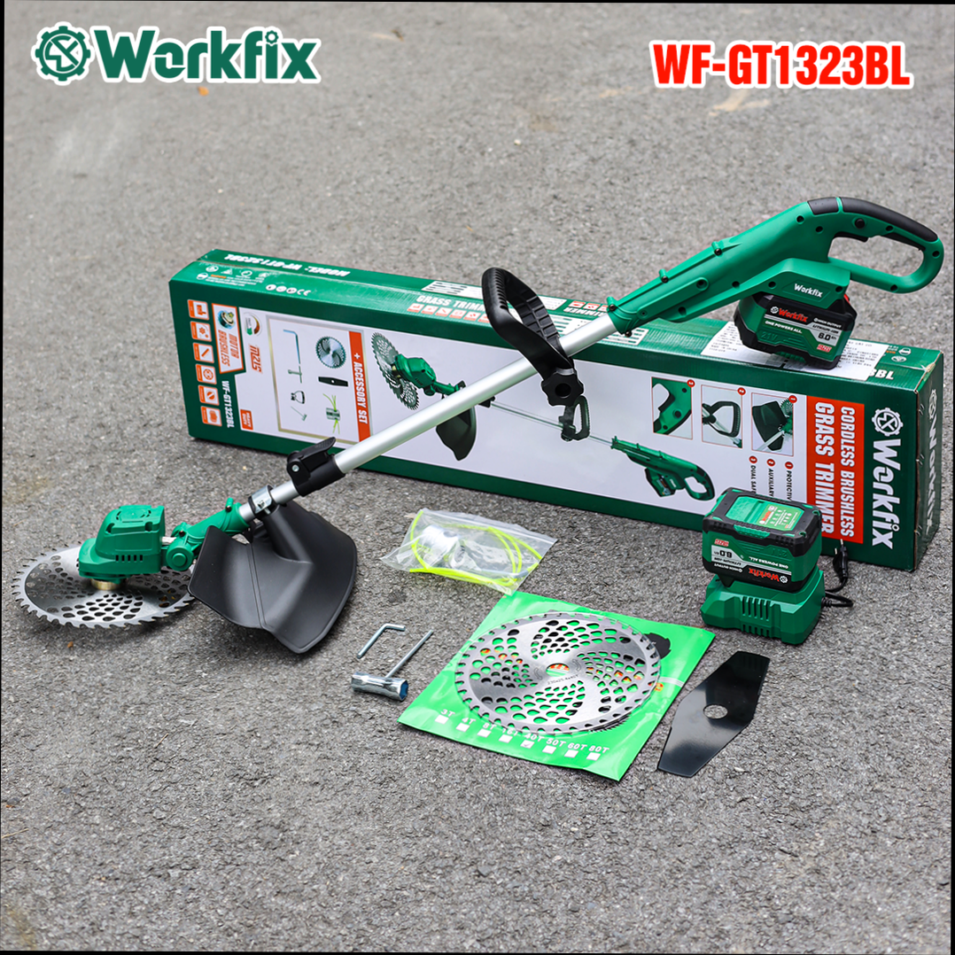 Máy cắt cỏ pin WORKFIX WF-GT1323BL, Tặng 3 lưỡi cắt, động cơ 100% lõi đồng, dài 130cm, lưỡi 250mm
