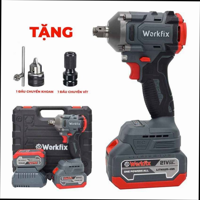 Máy siết bulong pin Workfix WF-IW360N, lực siết 360N.m, pin 10 cell, động cơ không chổi than