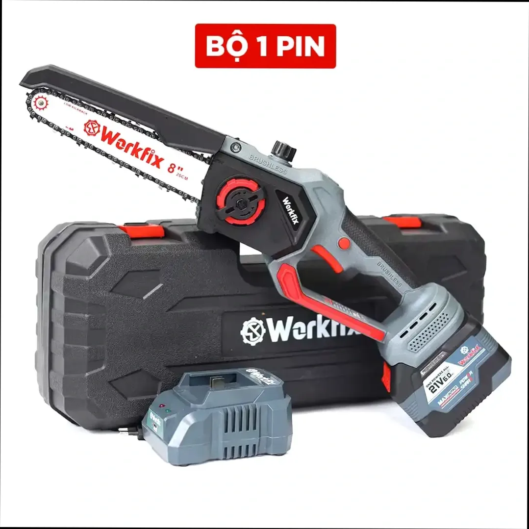 Máy cưa xích pin 8inch WORKFIX WF-CS08BL, Tra Nhớt Tự Động, không chổi than