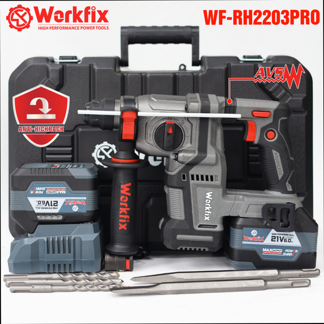 Máy khoan bê tông Workfix WF-RH2203PRO, khoan chống rung AVS, chống lật cổ tay Antikickback
