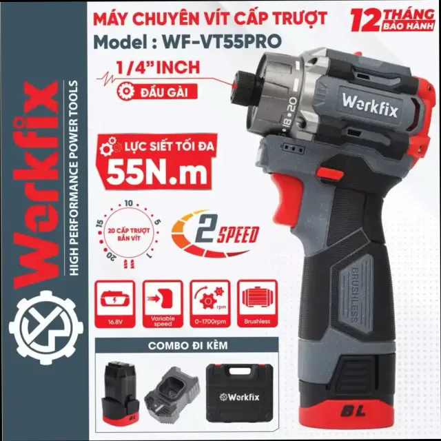 Máy chuyên vít cấp trượt Workfix WF-VT55PRO lực 55N, đầu gài vít 1/4 inch