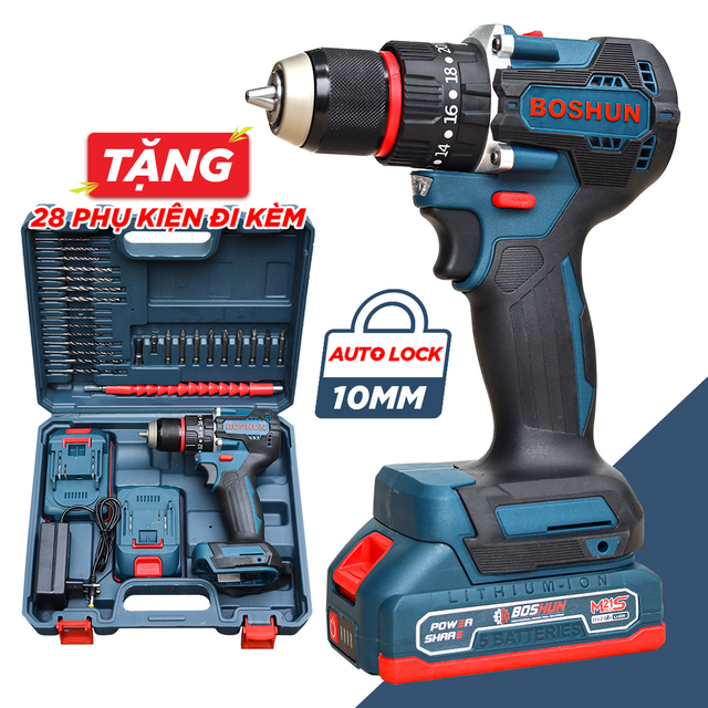 Máy Khoan Pin Boshun BS-ID1065BL 21V Không Chổi Than - Đầu Kẹp 10mm Kèm 2 Pin 2.0Ah