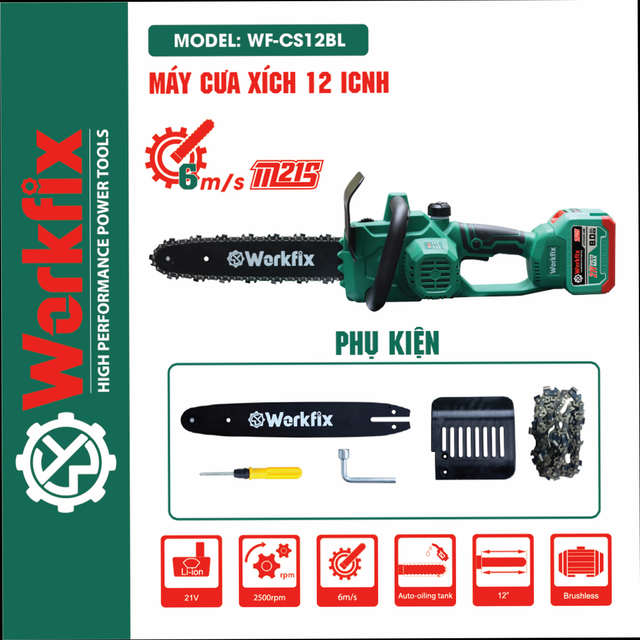 Máy Cưa Gỗ Cầm Tay Workfix WF-CS12BL 21V - Lam Xích 30cm Kèm 2 Pin 15 Cell