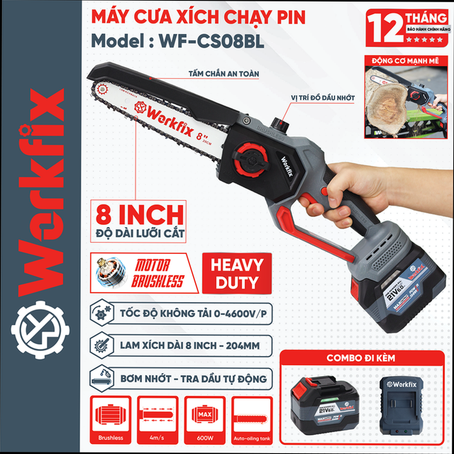 Máy cưa xích pin 8inch WORKFIX WF-CS08BL, Tra Nhớt Tự Động, không chổi than
